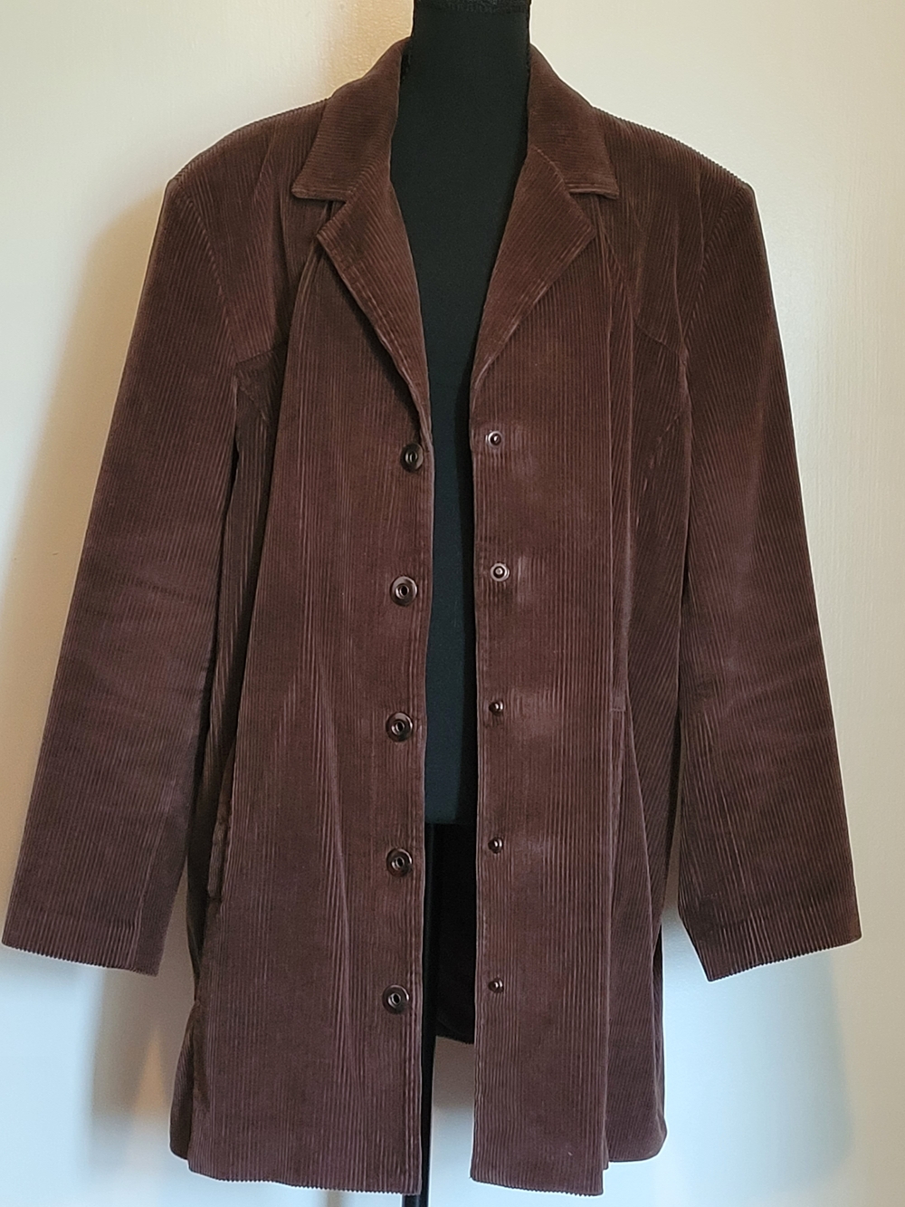 Denim&Co Womens 2X Brown Corduroy Jacket Long Coat 100% Cotton Vintage Style